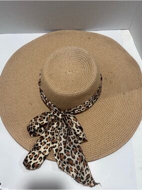 Tan Wide-Brim Straw Sun Hat with Leopard Scarf Accent